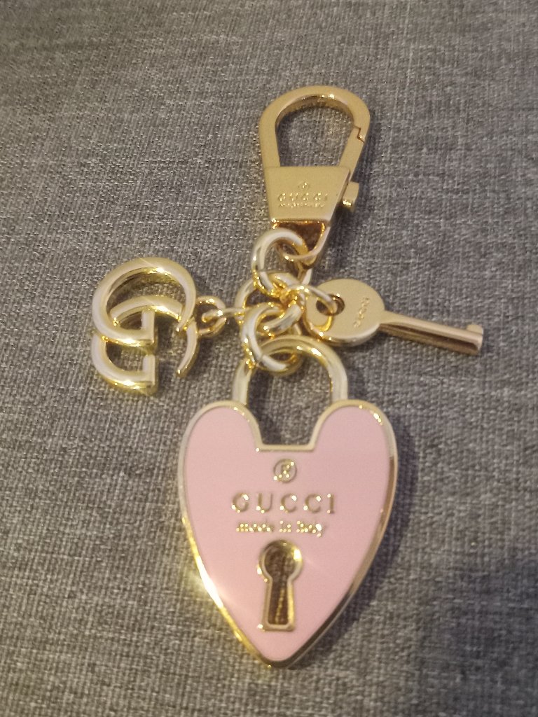 Gucci Pink Enamel Heart Lock Key Charm Keychain
